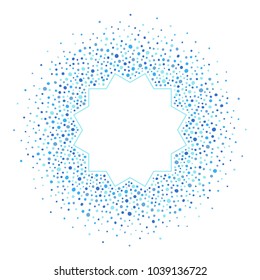 Round dot frame with orient, muslim polygon shape for text, lettering. Circle, sphere made of uneven dots, blobs, spots, specks, flecks, splashes. Shades of blue abstract background, card template.