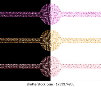 Round dot frames, label background templates set. Circle, stripe border shapes made of hand drawn uneven dots, colorful beads, blobs, spots. Dotty ornamental decorations. Graphic design elements.