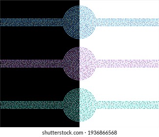Round dot frames, label background templates set. Graphic design elements. Circle, stripe border shapes made of hand drawn uneven dots, colorful beads, blobs, spots. Dotty ornamental decorations.