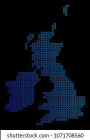 Round dot great britain and ireland map. Vector geographic map in blue gradient colors on a black background. Vector composition of Great Britain And Ireland Map made of small circles.