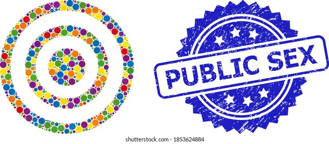 Round dot mosaic concentric circles and PUBLIC SEX unclean stamp seal. Blue stamp seal includes PUBLIC SEX caption inside rosette.
