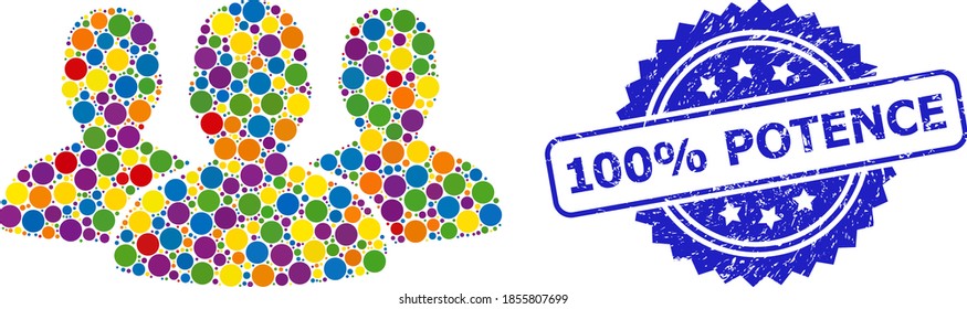 Round dot mosaic leader men group and 100% POTENCE grunge stamp seal. Blue stamp seal contains 100% POTENCE tag inside rosette.
