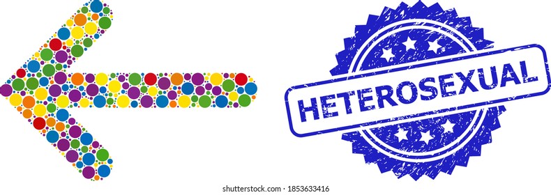 Flecha izquierda con mosaico de punto redondo y sello sucio HETEROSEXUAL. El sello azul incluye el texto HETEROSEXUAL dentro de la roseta. El mosaico de flecha izquierda vectorial está hecho de elementos redondos de color aleatorizados.