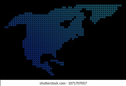 Round dot north america map. Vector geographic map in blue gradient colors on a black background. Vector collage of North America Map created of circle dots.