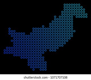 Round dot pakistan map. Vector geographic map in blue gradient colors on a black background. Vector mosaic of Pakistan Map done of circle elements.