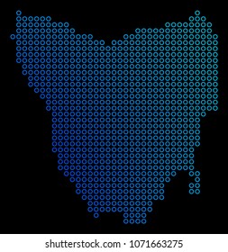 Round dot tasmania island map. Vector geographic map in blue gradient colors on a black background. Vector mosaic of Tasmania Island Map designed of round elements.