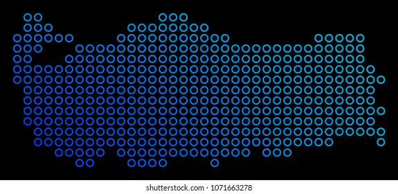 Round dot turkey map. Vector geographic map in blue gradient colors on a black background. Vector concept of Turkey Map constructed of round dots.
