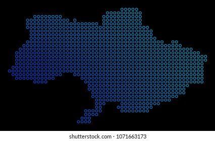 Round dot ukraine map. Vector geographic map in blue gradient colors on a black background. Vector pattern of Ukraine Map done of small circles.