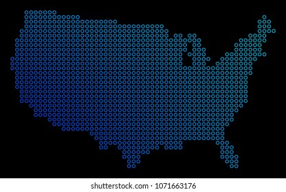 Round dot usa map. Vector geographic map in blue gradient colors on a black background. Vector concept of USA Map combined of small circles.