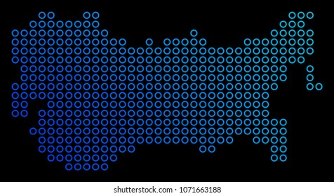 Round dot ussr map. Vector geographic map in blue gradient colors on a black background. Vector mosaic of USSR Map created of circle elements.