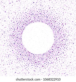 Round dots frame, border, circle made of uneven blobs, drops, spots, specks, flecks, splashes. Lilac, violet, floral, lavender colors. Spray texture. Radial abstract background with space for text.
