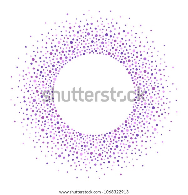 Round dots frame, border, circle made of\
uneven blobs, drops, spots, specks, flecks, splashes. Lilac,\
violet, floral, lavender colors. Radial abstract background with\
space for text,\
lettering.