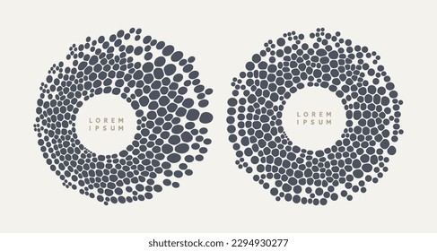 Round dots frame with empty space for your text. Border made of uneven spots, blobs, specks of various size. Many circles of different sizes in the form of circle. For brochure, poster or banner. 