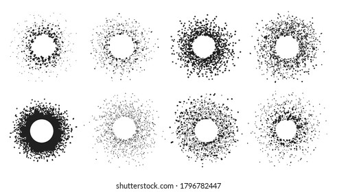 Round dots frames. Circle spotted borders, abstract brush texture rounded elements, specks and spots frame isolated vector illustration set