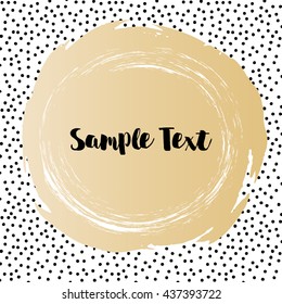 Round dots template with a big golden dot with space for your text. Artistic frame made on little dark dots background.
