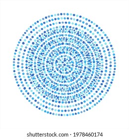 Round dotted background, circular pattern, circle made of blue hand drawn chaotic dots, paint blobs, tiny spots, beads, water drops. Sphere shape template for border, frame, graphic design element.