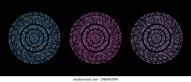 Round dotted editable backgrounds set, circular patterns. Circle shape made of hand drawn dots, paint blobs, tiny spots, beads, water drops. Borders templates, ringed frames, graphic design elements.
