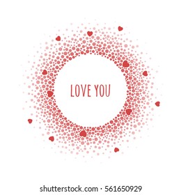Round dotted frame with space for text. Frame spots and hearts of various size. Vector Valentine's day abstract background.