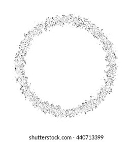 Round dotted halftone frame, dusty ring, screen print texture, grunge dotted ring, halftone frame, grain texture, black and white spot background, vector illustration