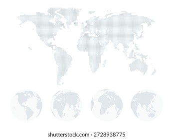 Round Dotted World Map and Earth Globes Vector Illustration for Infographics, Business Presentation, Data Visualization, Web Design and Marketing Use