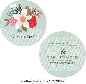 Round, double-sided floral save the date card (wedding invitation or announcement). Vector illustration