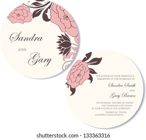 Round, double-sided floral wedding invitation.