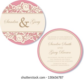 Round, double-sided vintage wedding invitation.