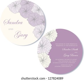 Round, double-sided wedding invitation.