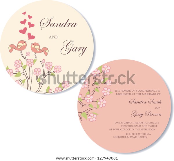 Round Doublesided Wedding Invitation Two Birds Stock Vector