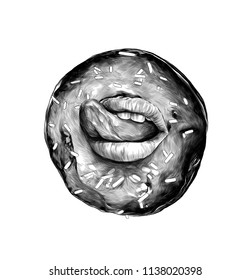 round doughnut drenched with chocolate with candy sprinkles in the center of women's lips with mouth ajar and tongue sticking out sideways sexy gesture, sketch vector graphics monochrome illustration 