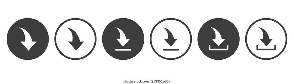 Round download buttons icon collection. Set of download arrow icons for web user interface