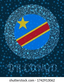 Round DR Congo badge. Flag of DR Congo in glowing network mesh style. Country network logo. Amazing vector illustration.