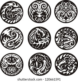 Round dragon designs. Set of black and white vector emblems.