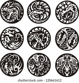 Round dragon designs. Set of black and white vector emblems.