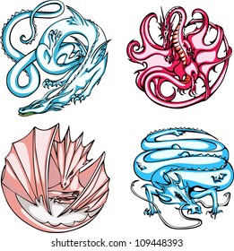 Round dragon designs. Set of color vector illustrations.