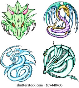 Round dragon designs. Set of color vector illustrations.