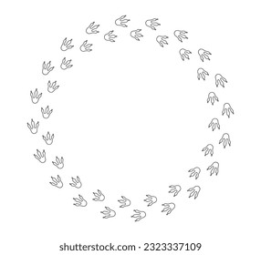 Round dragon footprint frame. Hand drawn circle dinosaur paw print border. Dragon foot frame template. Dino cute trail texture border. Vector illustration isolated on white background.