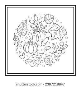 Dibujo redondo con un tema otoñal - calabaza, hojas, frutas y bellotas. Antiestrés colorante para adultos y niños. Ornamento de garabato en blanco y negro. Dibujar a mano ilustración vectorial.