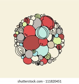 Round drawn image for design. Abstract element with many different decorative circles. Can be print on the cups, bags, cards, souvenirs