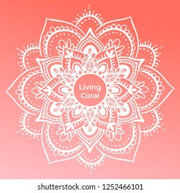 Round dreamy gradient mandala on living coral background. Vector boho white mandala. Mandala with floral patterns. Yoga template