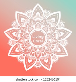 Round dreamy gradient mandala on living coral background. Vector boho white mandala. Mandala with floral patterns. Yoga template