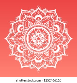 Round dreamy gradient mandala on living coral background. Vector boho white mandala. Mandala with floral patterns. Yoga template