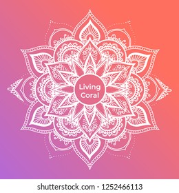 Round dreamy gradient mandala on living coral background. Vector boho white mandala. Mandala with floral patterns. Yoga template