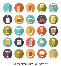 Round drinks and beverages flat design long shadow icons vector set. Collection of 25 color symbols in circles.