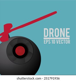 Round drone in black and red on blue background
