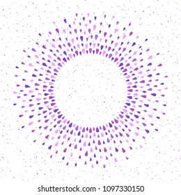 Round drops, droplets, tears frame, border, circle. Lilac, violet, floral, lavender colors. Spray, specks, flecks, dots, splashes texture. Radial abstract background with space for text.