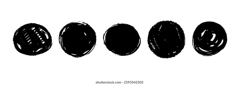 Round dry paint stains set. Black grunge ink circle collection. Textured brush stroke radial element pack. Hand drawn charcoal blobs for frame design, template, poster, banner. Vector circular spots