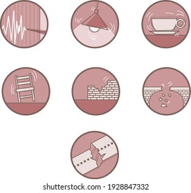 Iconos de terremotos redondos mostrando escala más rica, taza temblorosa, lambada temblorosa, silla temblorosa, pared rota, puente destruido y camino destruido