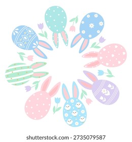 Round Easter wreath of  eggs with rabbit ears and spring flowers. 