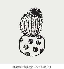 Round echinocactus with vertical ridges and small spines,with a flower, in a polka dot decorated pot. Hand drawn vector sketch illustration in vintage crayon charcoal style